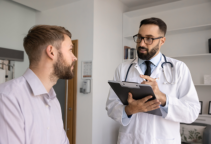 doctor explaning to paitent with holding pen